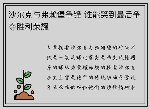 沙尔克与弗赖堡争锋 谁能笑到最后争夺胜利荣耀