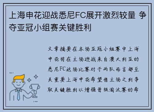 上海申花迎战悉尼FC展开激烈较量 争夺亚冠小组赛关键胜利